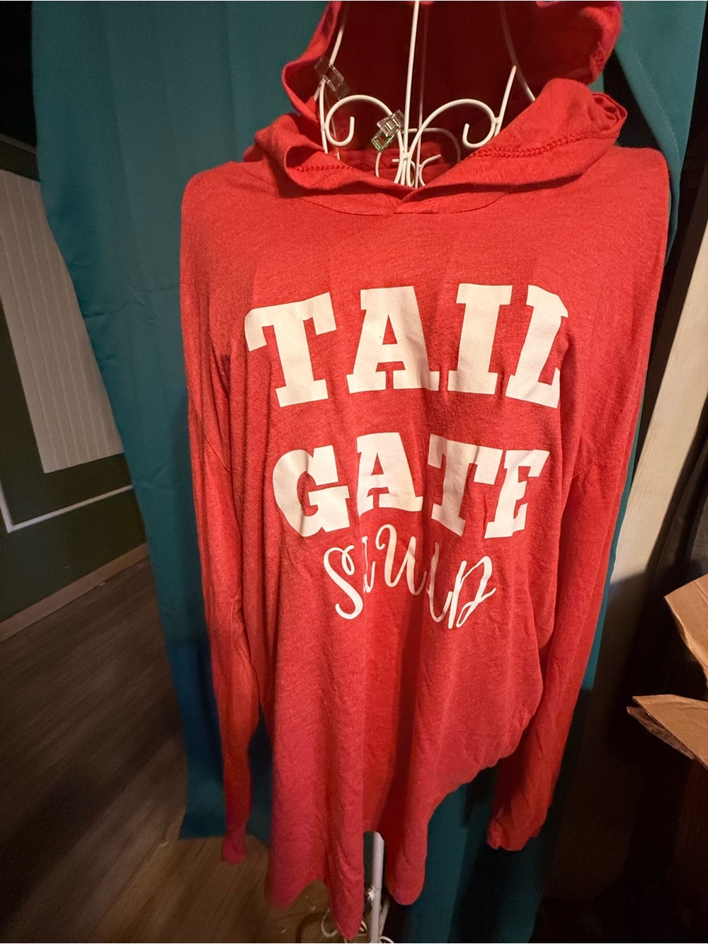 Eve Red Hooded Lightweight Cowl Sweater with White Graphic